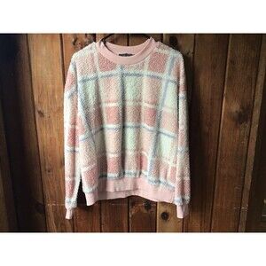Knapp Studio Top XL Cream Pink Blue Plaid Fuzzy Crew Neck